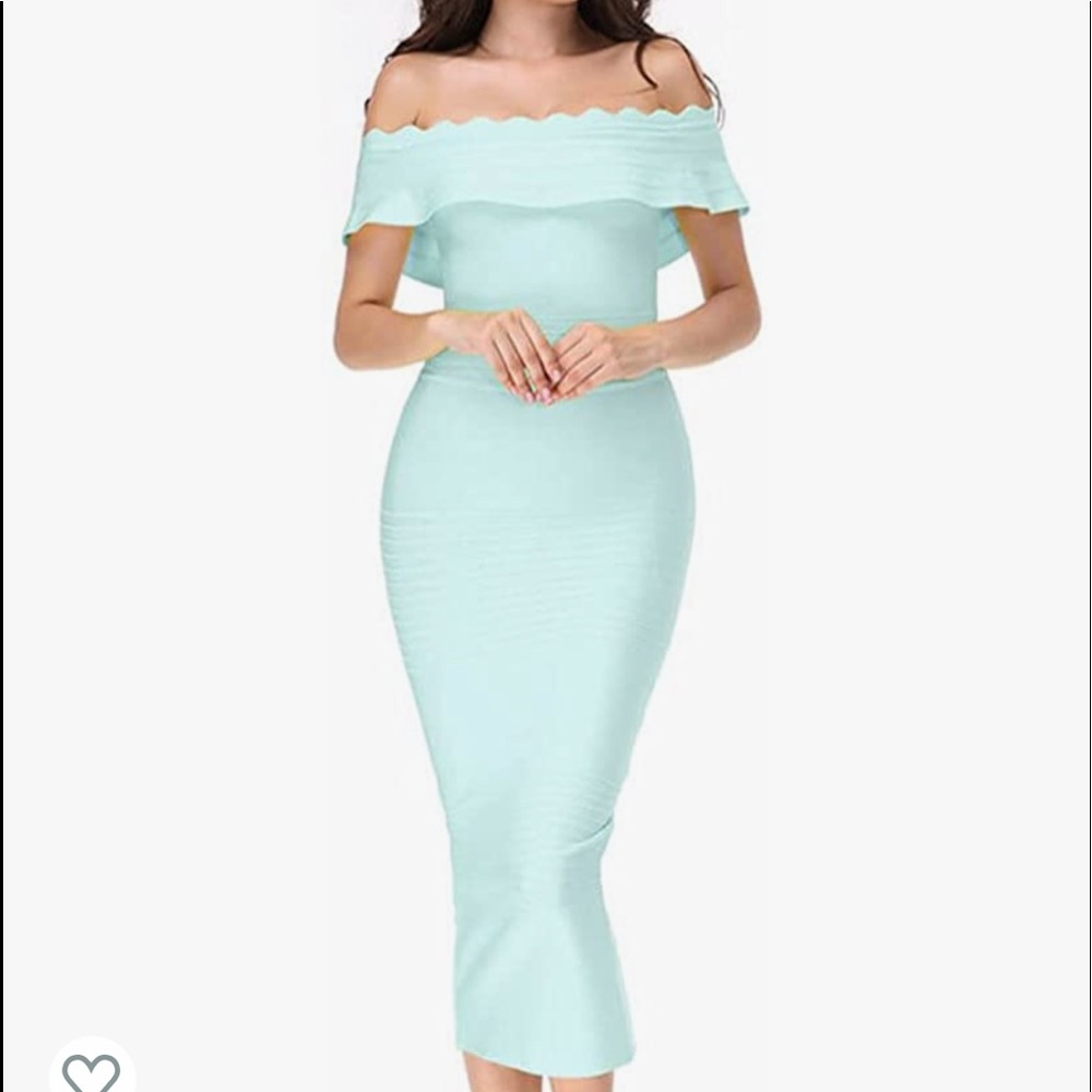 Teal bandage off the shoulder pencil dress unique